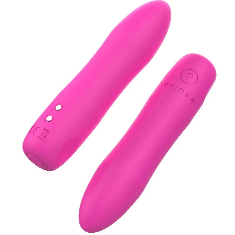 Vibrador calentable rosa en dos vistas, forma de bala alargada con botones en el lateral