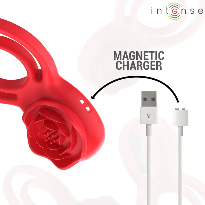 Dispositivo de estimulación rojo y cargador magnético con cable USB y conector.