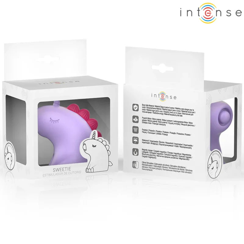Estimulador de lengua unicornio morado en caja, con vista delantera y trasera