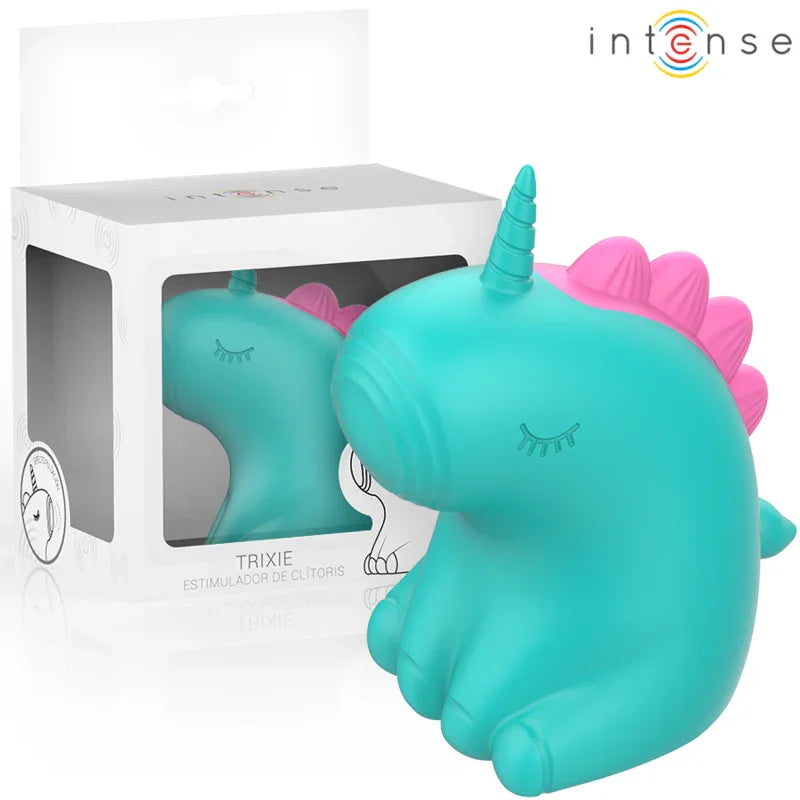 Estimulación de unicornio turquesa con caja y crin rosa en vista frontal