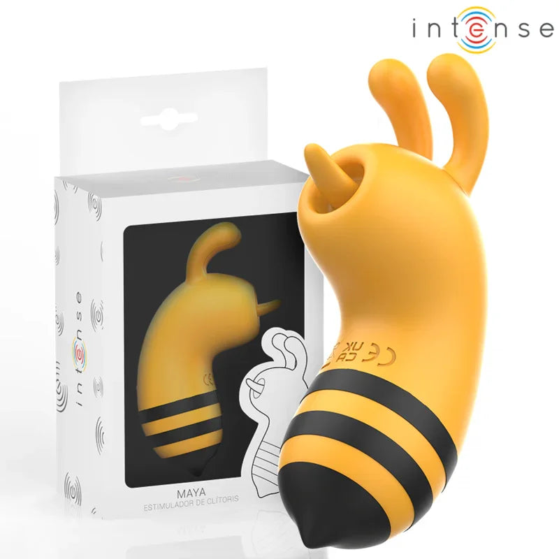 Estimulador amarillo con franja negra junto a su caja, lengua y diseño del producto