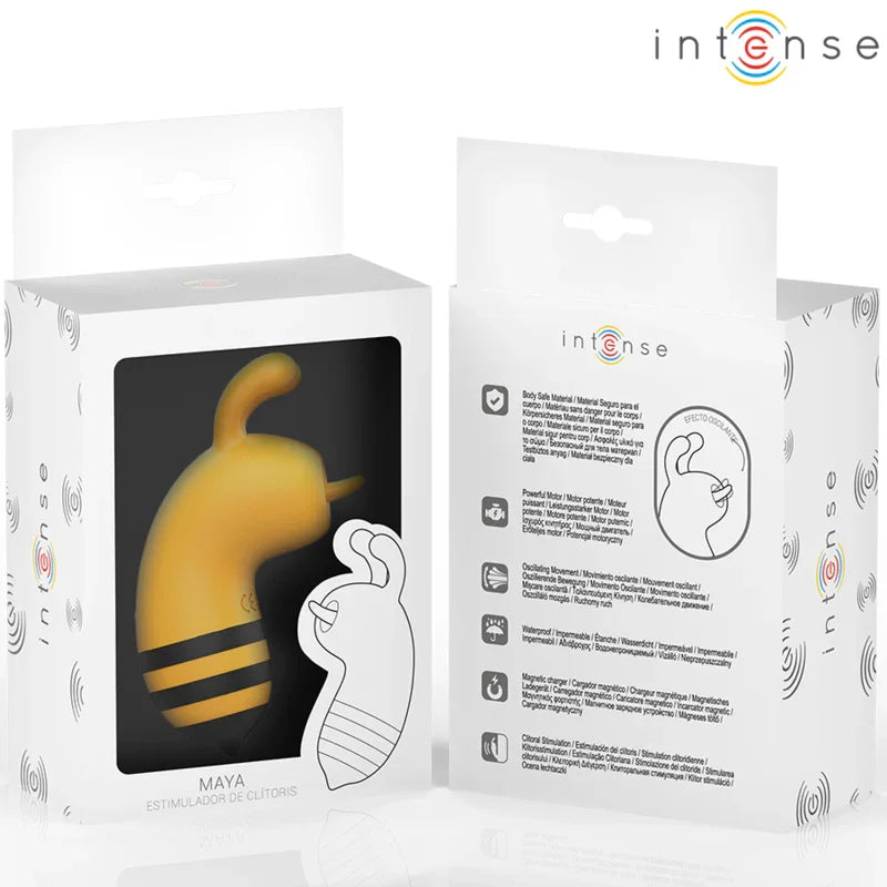 Estimulador amarillo con franja negra en caja abierta, ilustración del uso