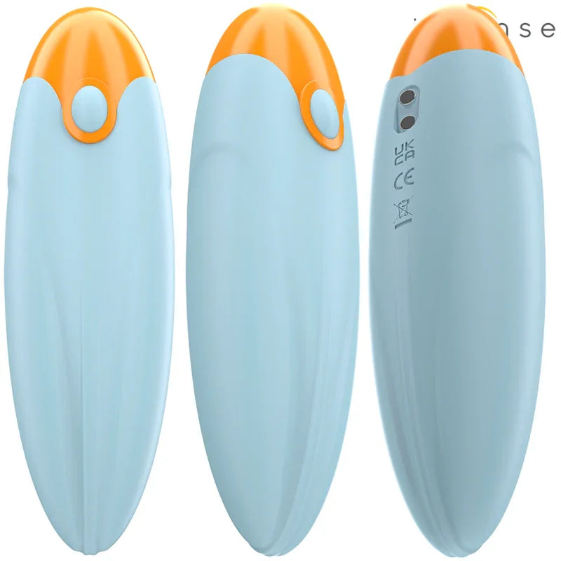 Bala vibradora INTENSE azul claro con botón circular y acabado naranja