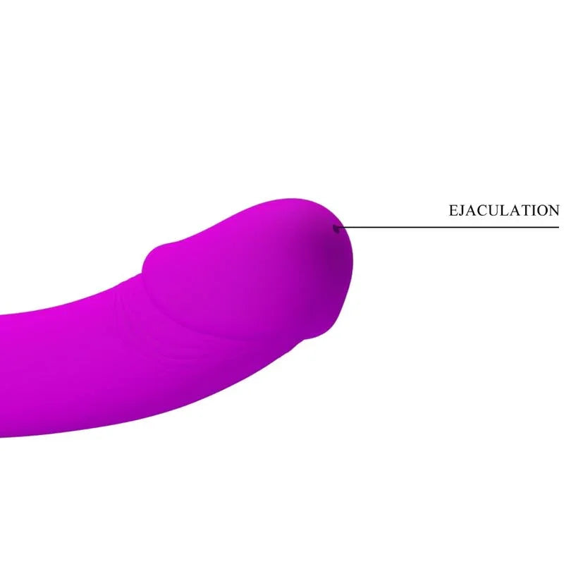 Estimulador strap-on doble morado, detalle del cabezal liso y redondeado