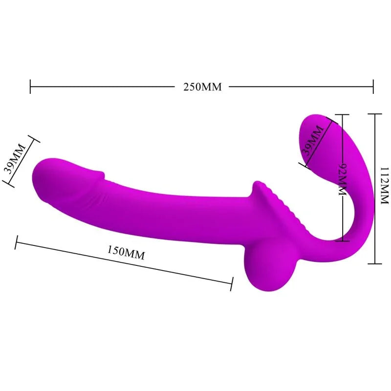 Estimulador strap-on doble morado con medidas 250 mm y 150 mm