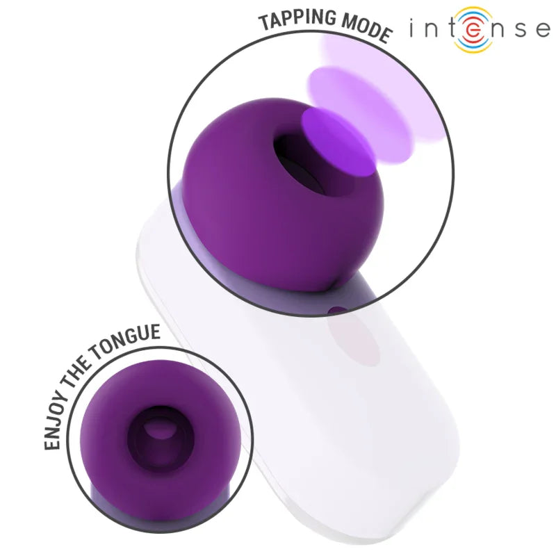 Estimulador de clítoris morado con modo Tapping, detalle de la copa y la base.