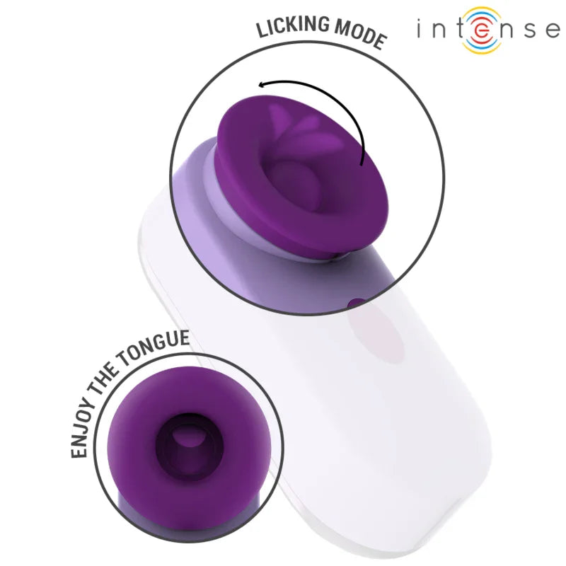 Estimulador de clítoris morado con modo Licking, vista superior de la pieza circular.