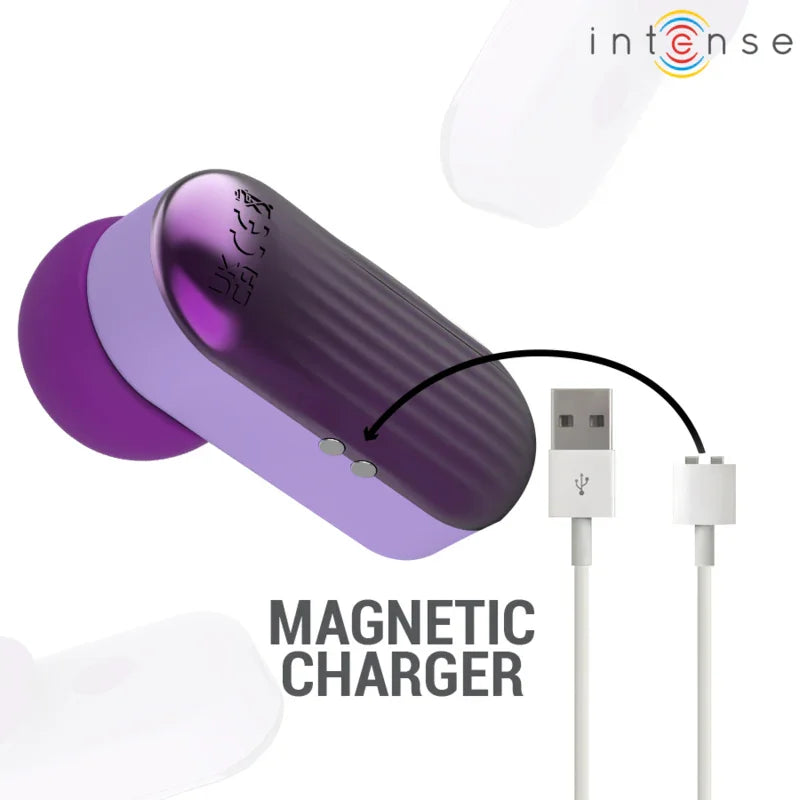 Estimulador de clítoris morado con cargador magnético USB, vista lateral.