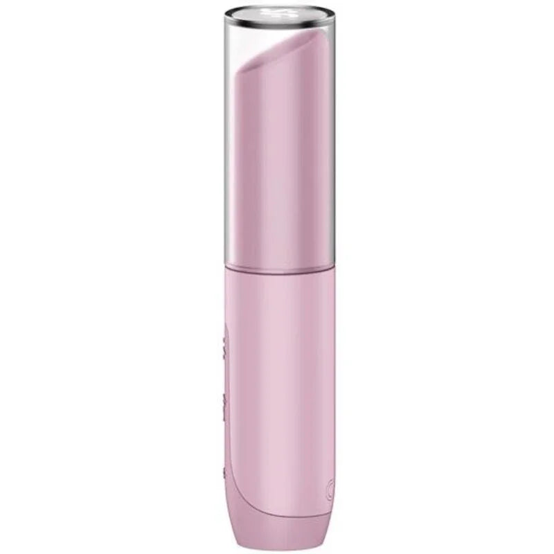 Vibrador rosa de clítoris con tapa plateada y panel de botones en el frente