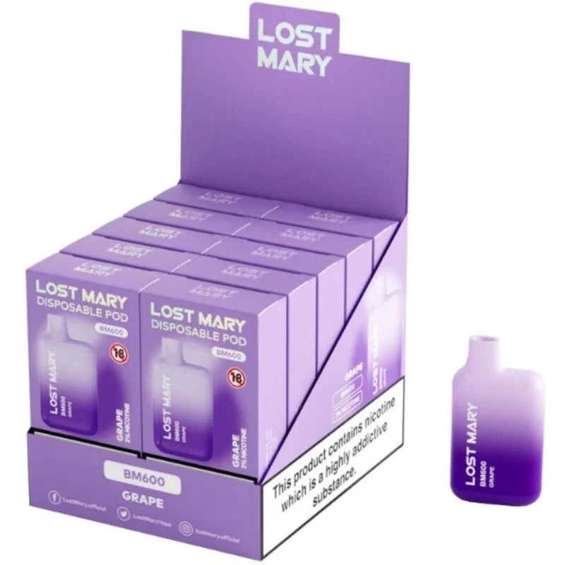 Vape desechable morado LOST MARY y caja mostradora con etiquetas de uva