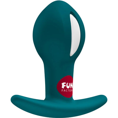 Conector anal FUN FACTORY color verde oscuro, diseño curvado con logo rojo