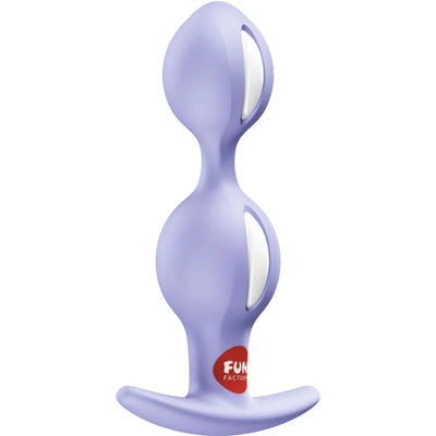 Plug anal dúo morado con dos copas ovaladas y base curva, FUN FACTORY