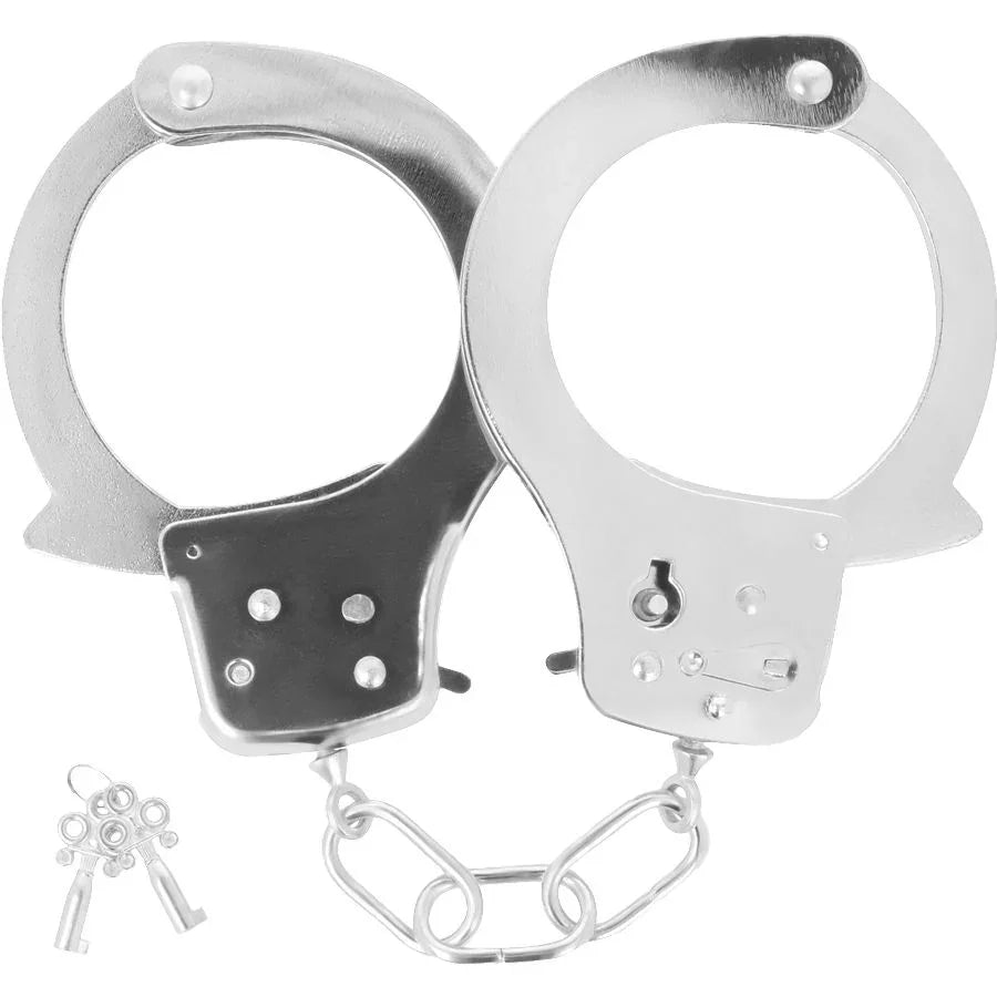 Par de esposas metálicas para tobillos con llaves, cierre y cadenas plateadas