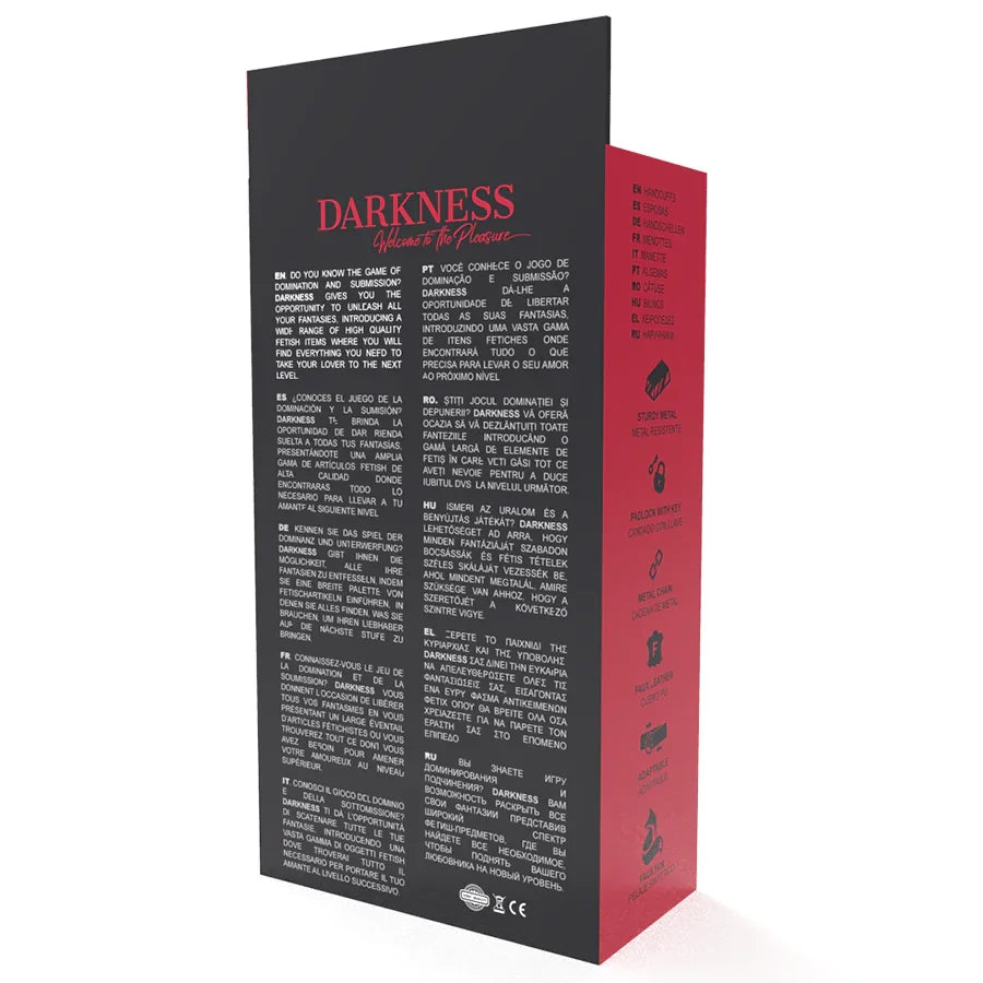 Caja DARKNESS con esposas negras de cuero y candado