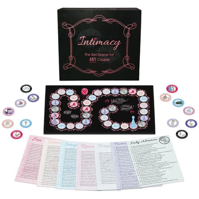 Juego de pareja Intimacy con tablero plegable, cartas e indicadores redondos en caja negra